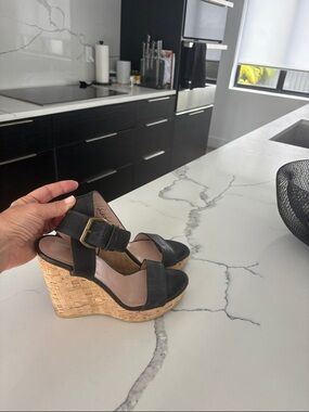 Stuart Weitzman Black Leather Wedge Sandals with Cork Platform